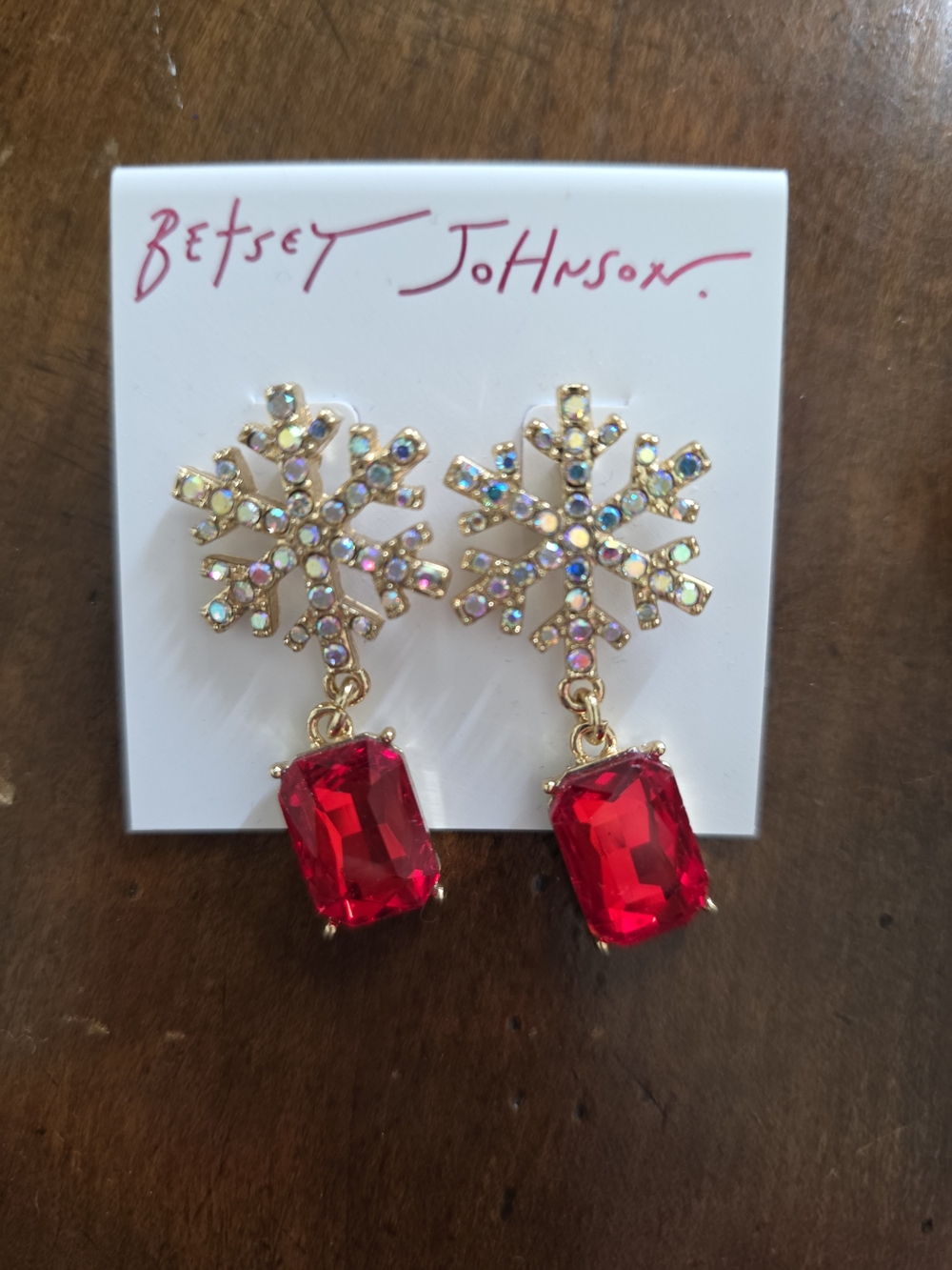 Betsey Johnson Gold Snowflake Earrings with Red Drop Stones